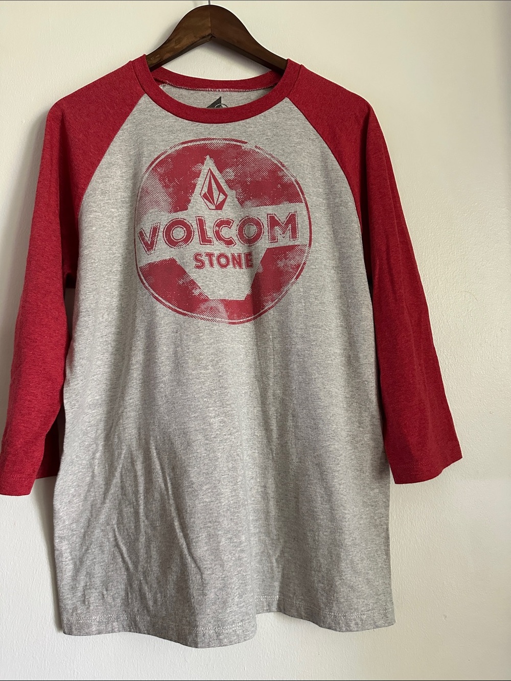 Volcom Grey & Red Raglan Logo Tee